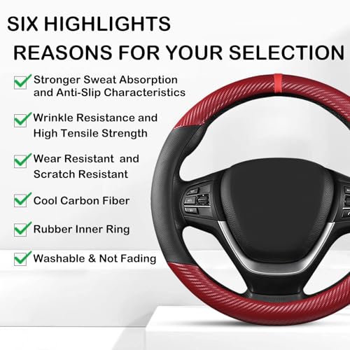 Black & Red Carbon Fiber Leather Steering Wheel Cover, 14.5-15 Inch Non-Slip Breathable Microfiber Leather Car Steering Wheel Protector for Men Women - color: Carbon Fiber - Black & Red