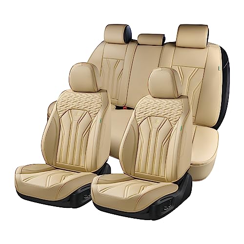 Leather Car Seat Covers Full Set Waterproof Seat Covers for Cars Universal Car Seat Protector Front Seats and Back Fit for Most Cars Trucks SUVs, Solid Beige - color: Solid Beige, size: FullSet