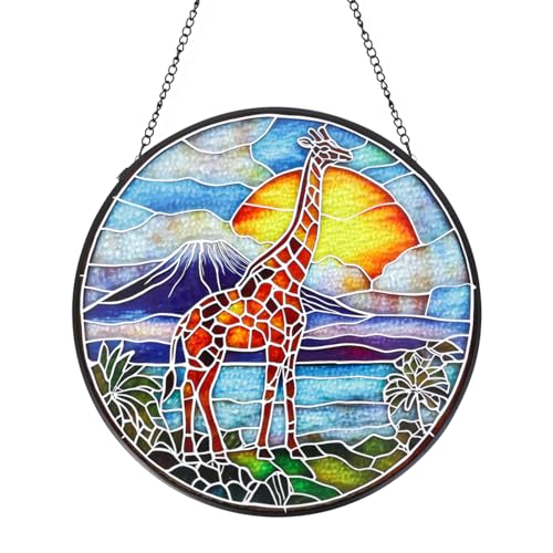 Giraffe Stained Glass Window Hanging Suncatcher with Chain - 7.9" Outdoor/Indoor Art Decor for Home Garden, Thanksgiving, Wedding, Mother's, Valentine's & Christmas Ornaments Present Gifts - color: Giraffe