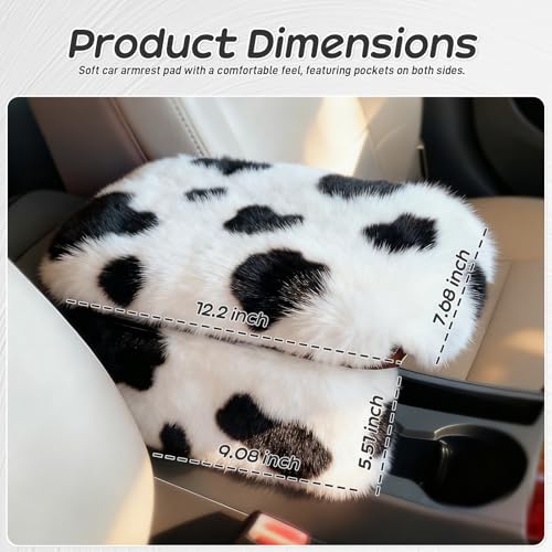 Fluffy Car Armrest Cover with Side Pockets – Plush Fuzzy Fur Center Console Armrest Cushion Pad, Universal Winter Car Interior Protector, Soft Arm Rest Cover with Storage for Women & Men (COWS)