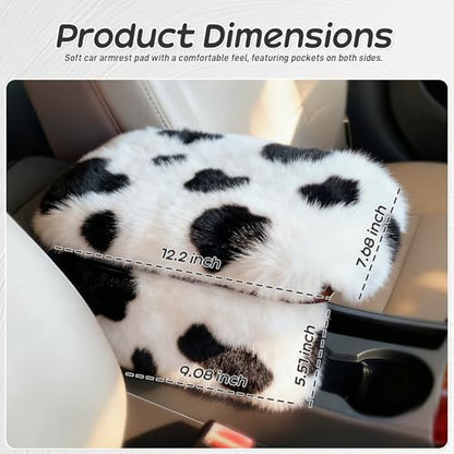 Fluffy Car Armrest Cover with Side Pockets – Plush Fuzzy Fur Center Console Armrest Cushion Pad, Universal Winter Car Interior Protector, Soft Arm Rest Cover with Storage for Women & Men (COWS)