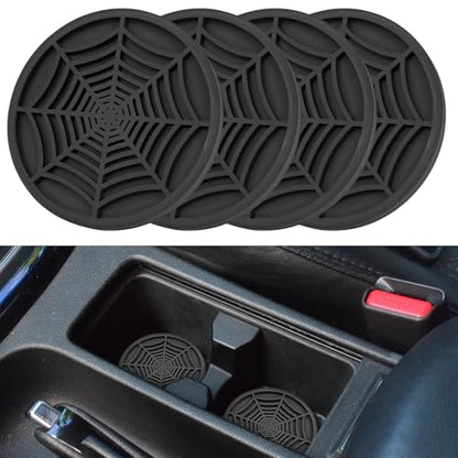 4 Pack Car Cup Holder Coasters, Cute and Creativity Cup Holder Insert Coaster Car Interior Accessories-2.75 inch Silicone Anti Slip Spider Web Car Coaster-Universal - color: Black2
