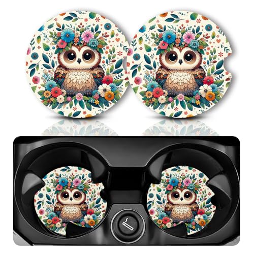 Yonlevres Car Coasters for Cup Holders，2.75" Universal Size Anti Slip Rubber Mat with A Finger Notch, 2 Pack Cup Holder Coasters for Car Interior Accessories for Women Men Flower Owl - color: Flower Owl