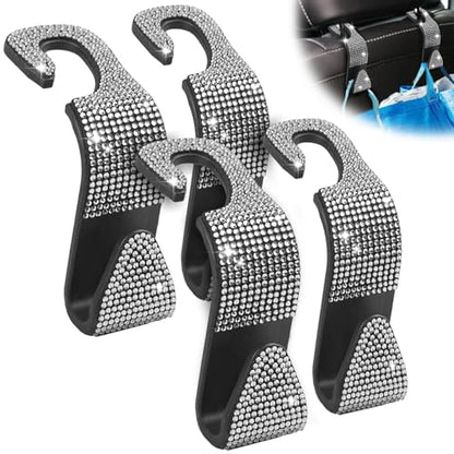 Sparkling Car Seat headrest Hooks, 4 Pack, White Purse Holder for Car Headrest, Chic Automotive Accessories for Women Essentials Handbag Clothes Coats Grocery Bags - color: White Diamond