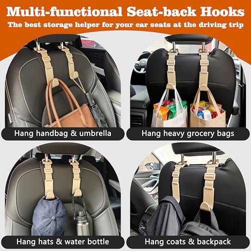Amooca Car Headrest Hooks 4 Pack Adjustable Universal Fit Auto Seat Back Organizer Storage Hanger Purse Bags Holder with Clip Beige - color: Beige