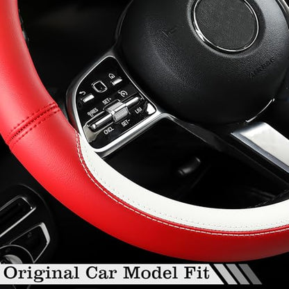 Car Leather Steering Wheel Cover - Panapi Material, Universal 14.5-15 Inch Leather Anti-Slip Breathable Auto Steering Wheel Covers for Men Women (Nappa Leather - Red & White) - color: Nappa Leather - Red & White