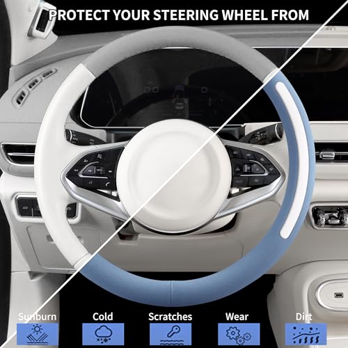 Steering Wheel Cover, Universal 15 inch, Faux Leather Steering Wheel Protector Anti-Slip, Breathable & Heating-Compatible for Cars Trucks SUVs Vans - color: Blue