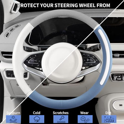 Steering Wheel Cover, Universal 15 inch, Faux Leather Steering Wheel Protector Anti-Slip, Breathable & Heating-Compatible for Cars Trucks SUVs Vans - color: Blue