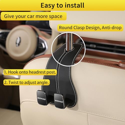 WEIHAO Wide Purse Hook for Car, Twin Hook Leather Car Headrest Hangers, Car Seat Back Storage Hook, Headrest Hooks Purse Bag Holder for Car Universal Fit Sedan Trucks SUVs Most Vehicles (Black-2PCS)