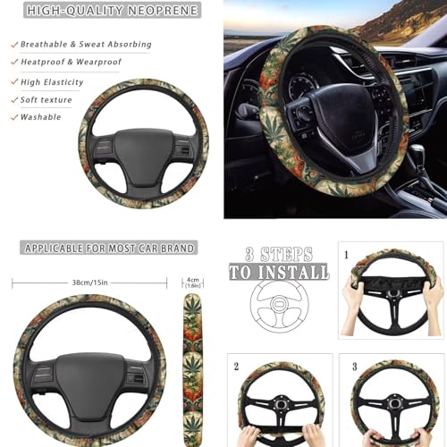 Marijuana Printed 15 Pcs Car Seat Cover Full Set, Protective Car Accessory Set Seat Covers with Steering Wheel Cover Car Headrest Cover Seat Belt Covers Car Coaster - color: Green and Brown-Marijuana