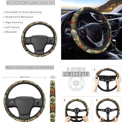 Marijuana Printed 15 Pcs Car Seat Cover Full Set, Protective Car Accessory Set Seat Covers with Steering Wheel Cover Car Headrest Cover Seat Belt Covers Car Coaster - color: Green and Brown-Marijuana