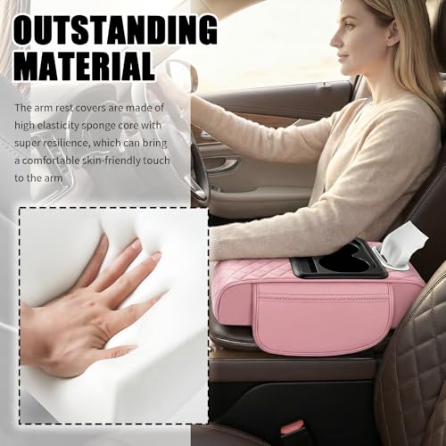 5-in-1 Car Center Console Cover,Leather Car Armrest Cover with Cup Holder/Storage Pocket/Phone Holder/Cars Tissue Holders,Thickened Cars Armrest Storage Box for Relieving Elbow Fatigue (Pink) - color: Pink