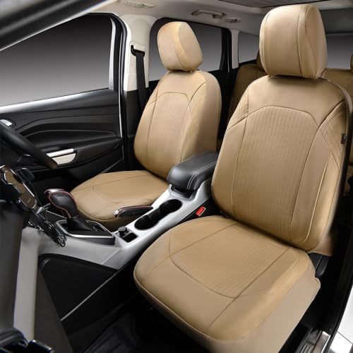 Flying Banner Synthetic Leather car seat Covers Full Set Front and Rear Bench Fashion Easy Installation Cup Holder Free (Solid Beige, Low Bucket - Full Set)