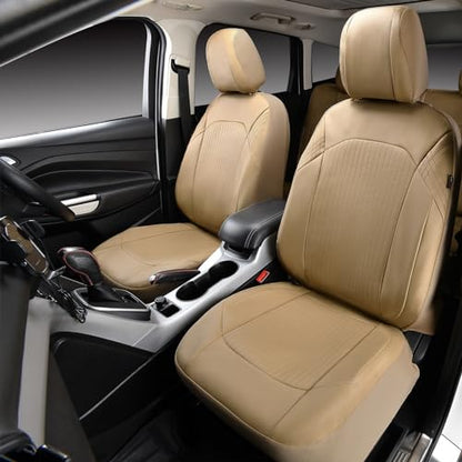Flying Banner Synthetic Leather car seat Covers Full Set Front and Rear Bench Fashion Easy Installation Cup Holder Free (Solid Beige, Low Bucket - Full Set)