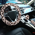 Fuzzy Steering Wheel Cover for Women Girls, Accmor Universal Fit 15 inch Fur Car Wheel Cover & Handbrake Cover & Gear Shift Cover Set, Fashion Leopard Winter Warm Fluffy Vehicle Wheel Protector - color: Beige/Dark Brown Leopard