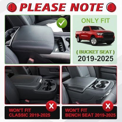 Center Console Armrest Cover Fit for Dodge Ram1500 2500 3500 2019-2026 Accessories, Comfort Armrest Pad Console Lid Cushion Vegan Leather Regular Thick(Bucket Seat ONLY, NO Limited,Laramie) - size: 3) 19-25 |Ram1500/2500/3500|Bucket Seat,Regular,V1
