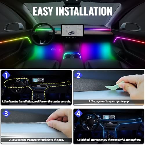 Ambient Lighting Car Led Lights Interior,43.3’’ USB Powered Acrylic Neon Flexible Strip Fiber Optic LED Ambient Lighting Kits with Remote APP, RGB Music Lights Sync for Inside car Dashboard - size: 1 in 1 (43.3inch*1)