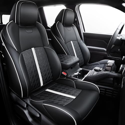 Carlimeki Leather Seat Covers Custom Fit for Tacoma Gen 4th (2024-2026) Double Cab, for SR, SR5, TRD PreRunner, TRD Sport, TRD Off-Road, Limited, Trailhunter - Armrest Covers Included - Fully Covered - color: 2024-2026 ( Black-White ) & Full Set, size: 4t