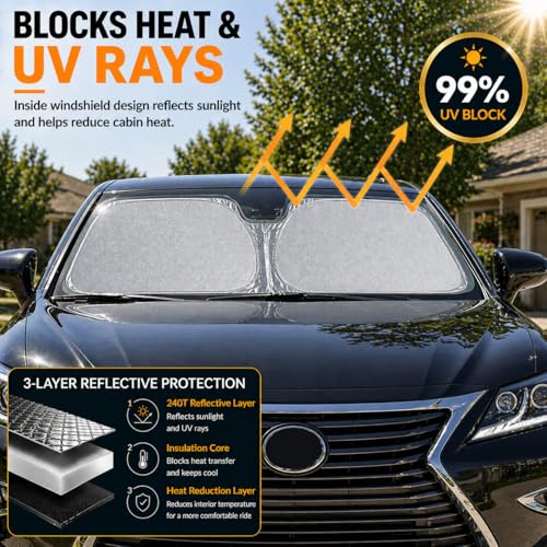 Lexus GS GX LS Windshield Sun Shade, Custom Fit Foldable Front Window Sunshade Protector, Blocks UV Rays and Heat, Fits 1990–2025 Models - size: for GS 1992-2025, GX 2002-2025, LS 1990-2025