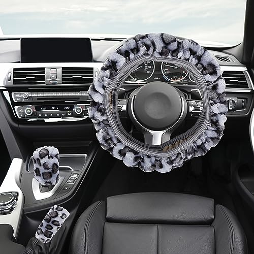 X AUTOHAUX Elastic Leopard Pattern Fluffy Car Steering Wheel Cover with Handbrake Gear Shift Cover Set Universal Gray - color: Gray