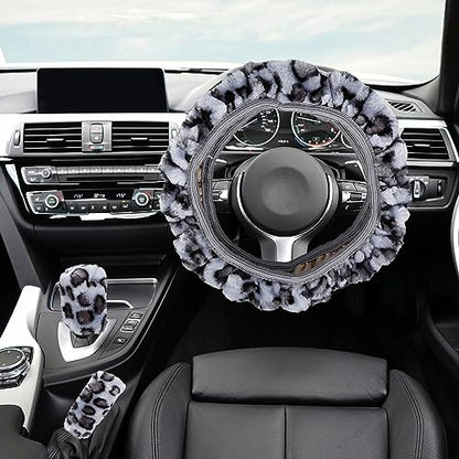 X AUTOHAUX Elastic Leopard Pattern Fluffy Car Steering Wheel Cover with Handbrake Gear Shift Cover Set Universal Gray - color: Gray