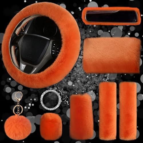 9-Pack Fluffy Car Accessories Set,Silence Shopping Fluffy Steering Wheel Cover Winter Warm Fur Steering Wheel Cover Fuzzy Car Decoration Accessories for Women Girls (Orange) - color: Orange
