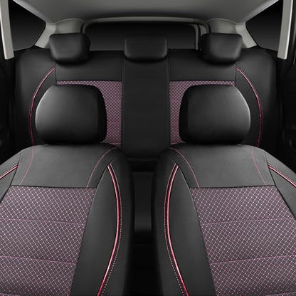 CAR PASS Piping PU Leather Car Seat Cover Full Set,Inside Zipper Design and Reserved Opening Holes，Airbag Compatible,Universal FIT for Car, SUVs,Van,Trucks（Full Set, Black & Pink） - color: Black and Pink