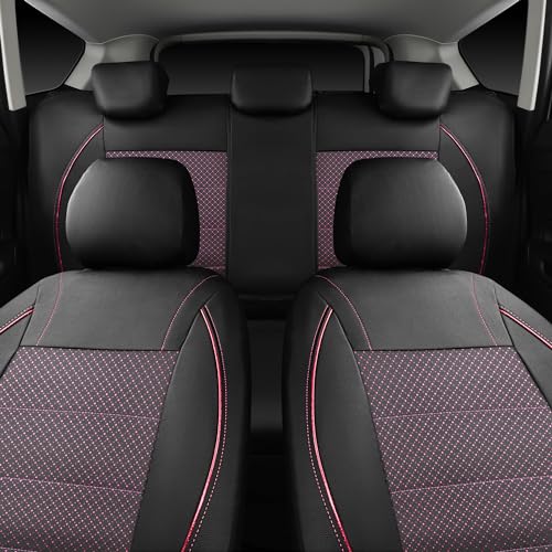 CAR PASS Piping PU Leather Car Seat Cover Full Set,Inside Zipper Design and Reserved Opening Holes，Airbag Compatible,Universal FIT for Car, SUVs,Van,Trucks（Full Set, Black & Pink） - color: Black and Pink