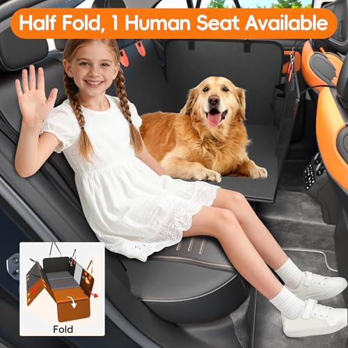 2-In-1 Heavy-Duty Hard Bottom Dog Hammock for Car, 100% Waterproof PU Leather Backseat Cover, Zipper Side Flaps, Non-Slip Extender for Large/Elderly Dogs & Multi-Dog Families,Fits Sedan/SUV/Med.Truck
