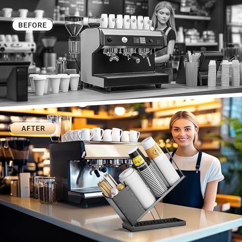 Dunatou Adjustable Cup and Lid Holder with Straw Holder & Storage Box – 4-Compartment Coffee Cup Organizer Dispenser for Countertop, Office Coffee Bar Station, Ninja Slushi Machine, Dirty Soda Bar