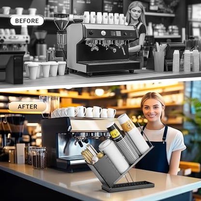 Dunatou Adjustable Cup and Lid Holder with Straw Holder & Storage Box – 4-Compartment Coffee Cup Organizer Dispenser for Countertop, Office Coffee Bar Station, Ninja Slushi Machine, Dirty Soda Bar