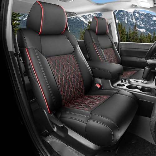 Seat Covers for Toyota Tundra 2014 2015 2016 2017 2018 2019 2020 2021 Custom Fit Full Set, Waterproof & Durable Leather Seat Covers for Car - BlackRedLine (Only for CrewMax Cab) - color: BlackRedLine, size: 2014-2021 Full Set