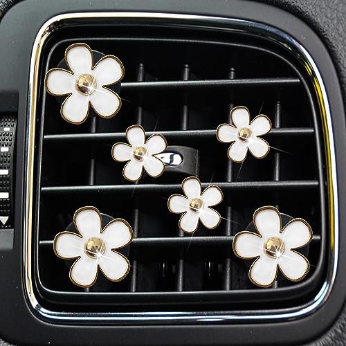 Daisy Air Vent Clips, 6 Pcs Cute Flower Car Air Conditioning Outlet Clip Car Air Freshener Clip Charm Car Interior Decor Charm Colorful Car Interior Accessories for Girls Women (White) - color: White