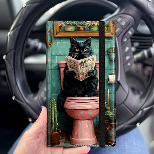 Car Registration and Insurance Holder for Women Men,Automobile License Document Card Holders Vehicle Glove Box Organizer Leather Accessories Driver Essential,Black Cat Reading Newspaper - color: Black Cat Reading Newspaper