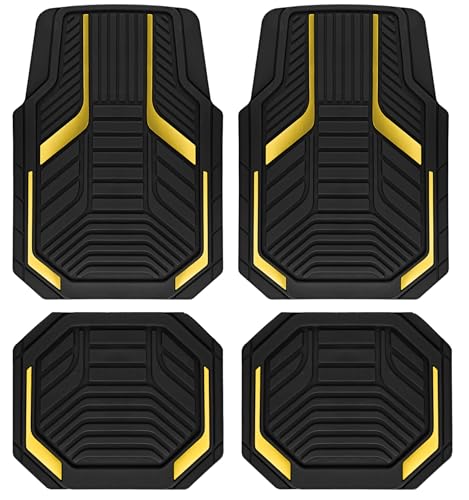 PIC AUTO Heavy Duty Rubber Floor Mats, Yellow Aluminum Film Car Mats Set, Front and Rear Car Mats with Anti-Slip Backing, All Weather Protection, Trim-to-Fit for Automotive SUV, Sedan, Van - color: Yellow