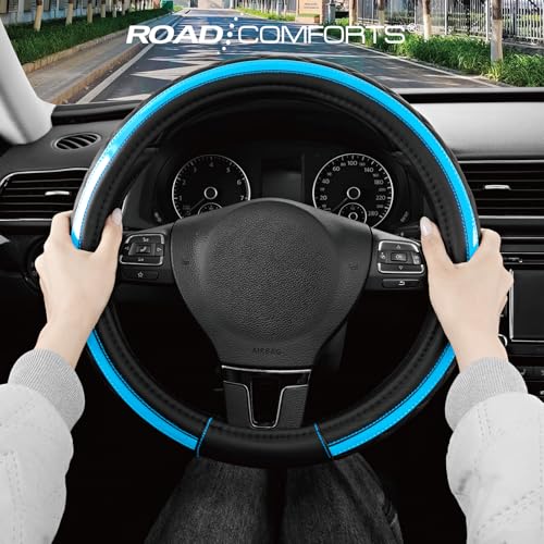 Road Comforts Leather Steering Wheel Cover – Black & Blue, Universal Fit 14.5-15 Inch, Microfiber Leather, Anti-Slip & Breathable Design for Men and Women - color: Lighet Blue