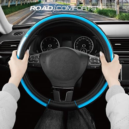 Road Comforts Leather Steering Wheel Cover – Black & Blue, Universal Fit 14.5-15 Inch, Microfiber Leather, Anti-Slip & Breathable Design for Men and Women - color: Lighet Blue