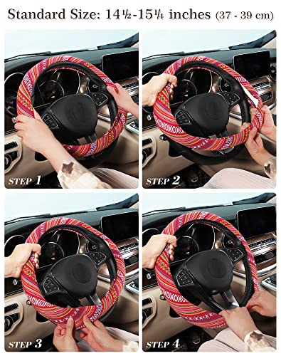 SEG Direct Boho Steering Wheel Cover with Baja Blanket Cloth, Ethnic Style Auto Wheel Cover Made of Coarse Flax, Fits 14 1/2-15 1/4 inches Car Wheel - color: Rosy Clouds
