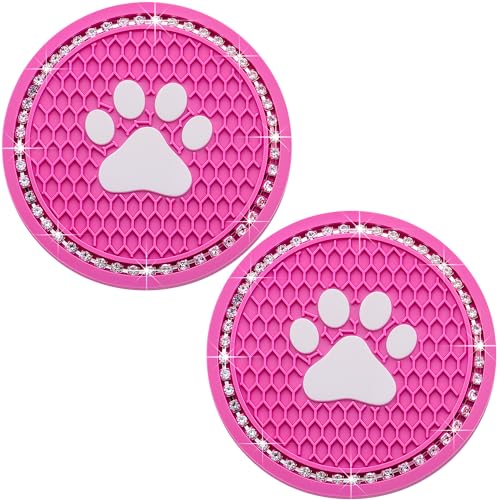 2PCS Bling Car Cup Holder Coaster, Universal Dog/Cat Paw Auto Non-Slip Crystal Rhinestone Cup Holder Coaster, 2.75In Universal Non-Slip Recessed Car Interior Accessories (Rose Red & White) - color: Rose Red & White, size: 2 pcs