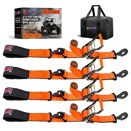 2'' x 114'' Heavy Duty Adjustable Car Tie Down Straps with Snap Hook for Trailers, 10,000 lbs Break Strength, Axle Tire Ratchet Straps with Snap Hooks for Hauling UTV, SUV, Truck, Any Cars - Orange - color: Orange