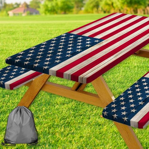 American Flag Picnic Table Cover with Bench Covers, Waterproof Windproof Oilproof, Camping Essentials, Fitted Tablecloth Cover with Elastic Edge, for Indoor & Outdoor, Garden, 3 Pieces Set, 30x60 Inch - color: American Flag, size: 30" x 60"