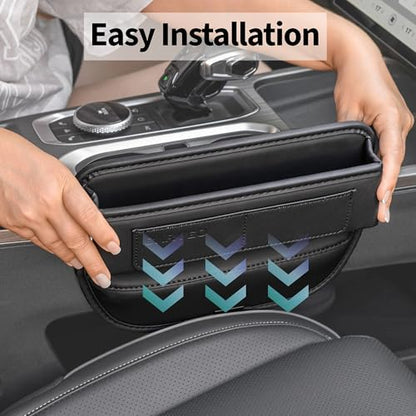 Car Seat Gap Filler Organizer with Charging Hole, In Between Car Seat Catcher for Car, Truck, SUV, Premium PU Leather Interior Accessories, Console Organizer for Phone, Keys and Small Items – Black