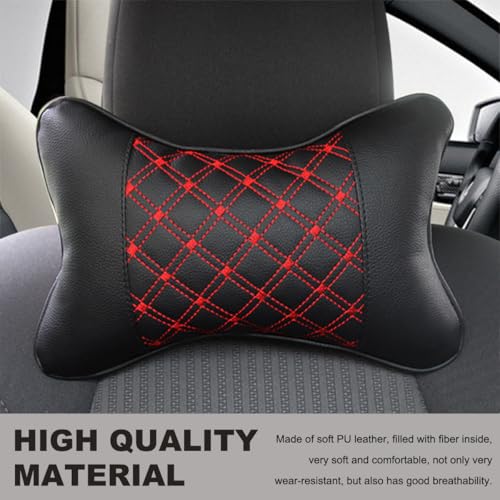 2PCS Car Neck Pillow, Soft Leather Headrest Pillow for Car Support Neck, Breathable Ergonomic Neck Support Relief Cushion for Driving with Adjustable Strap, Universal Car Accessories (Black&Red)