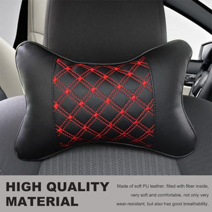 2PCS Car Neck Pillow, Soft Leather Headrest Pillow for Car Support Neck, Breathable Ergonomic Neck Support Relief Cushion for Driving with Adjustable Strap, Universal Car Accessories (Black&Red)