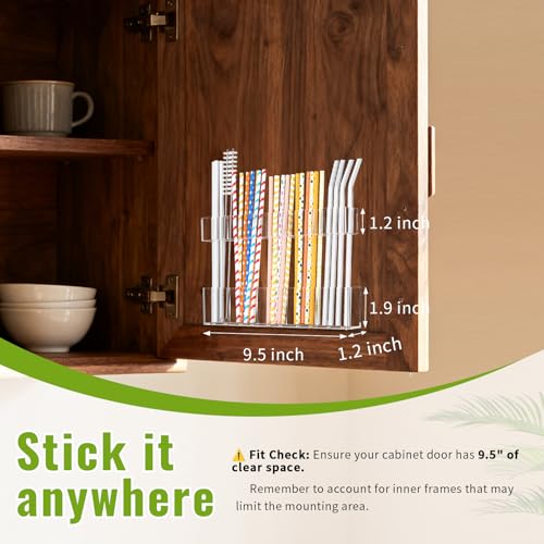 9.5” Large Acrylic Straw Holder for Cabinet Door-Reusable Tumbler Straw Organizer with Ultra Sticky Adhesive Tape ,Plastic Kitchen Accessories Container for Inside Cupboard Door (Transparent)