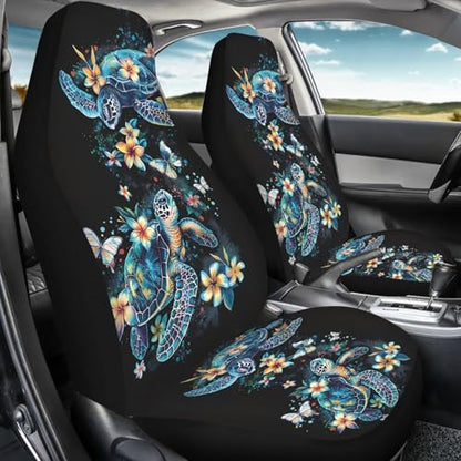 Car Seat Cover Set of 2 Car Seat Covers,Breathable Soft Bucket Seats High Back Seats Protector Cushion Universal Fit Most Vehicle Interior Set(Blue Sea Turtle with Fresh Flowers 51) - color: Blue Sea Turtle with Fresh Flowers 51