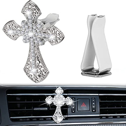 Frienda Bling Car Air Vent Clip Crystal Cross Rhinestone Vehicle Air Conditioner Outlet Vent Charm Car Bling Accessories for Women Wheels Interior Decoration(Silver)