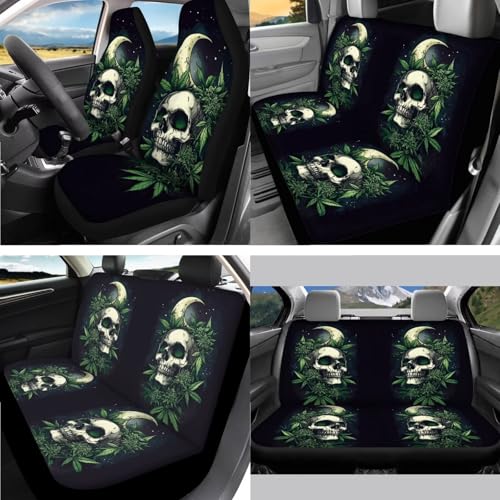 Skull Moon Leaf Printed 15 Pcs Car Seat Cover Set, Universal Car Accessory Set Front Rear Seat Covers Steering Wheel Cover Car Headrest Cover Seat Belt Covers Car Coaster - color: Black and Green-Skull Moon Leaf