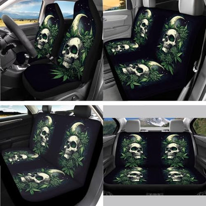 Skull Moon Leaf Printed 15 Pcs Car Seat Cover Set, Universal Car Accessory Set Front Rear Seat Covers Steering Wheel Cover Car Headrest Cover Seat Belt Covers Car Coaster - color: Black and Green-Skull Moon Leaf