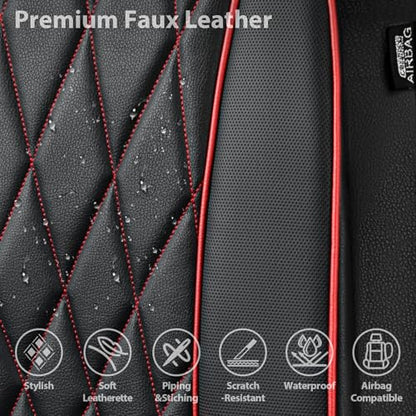 CAR PASS Piping Luxury PU Leather Two Front Car Seat Covers, Waterproof Anti Slip Seat Covers Compatible with Front Seat Armrests,Universal Fit for Suvs,Vans,Trucks,Airbag Compatible(Black and Red) - color: Black and Red, size: Two Front